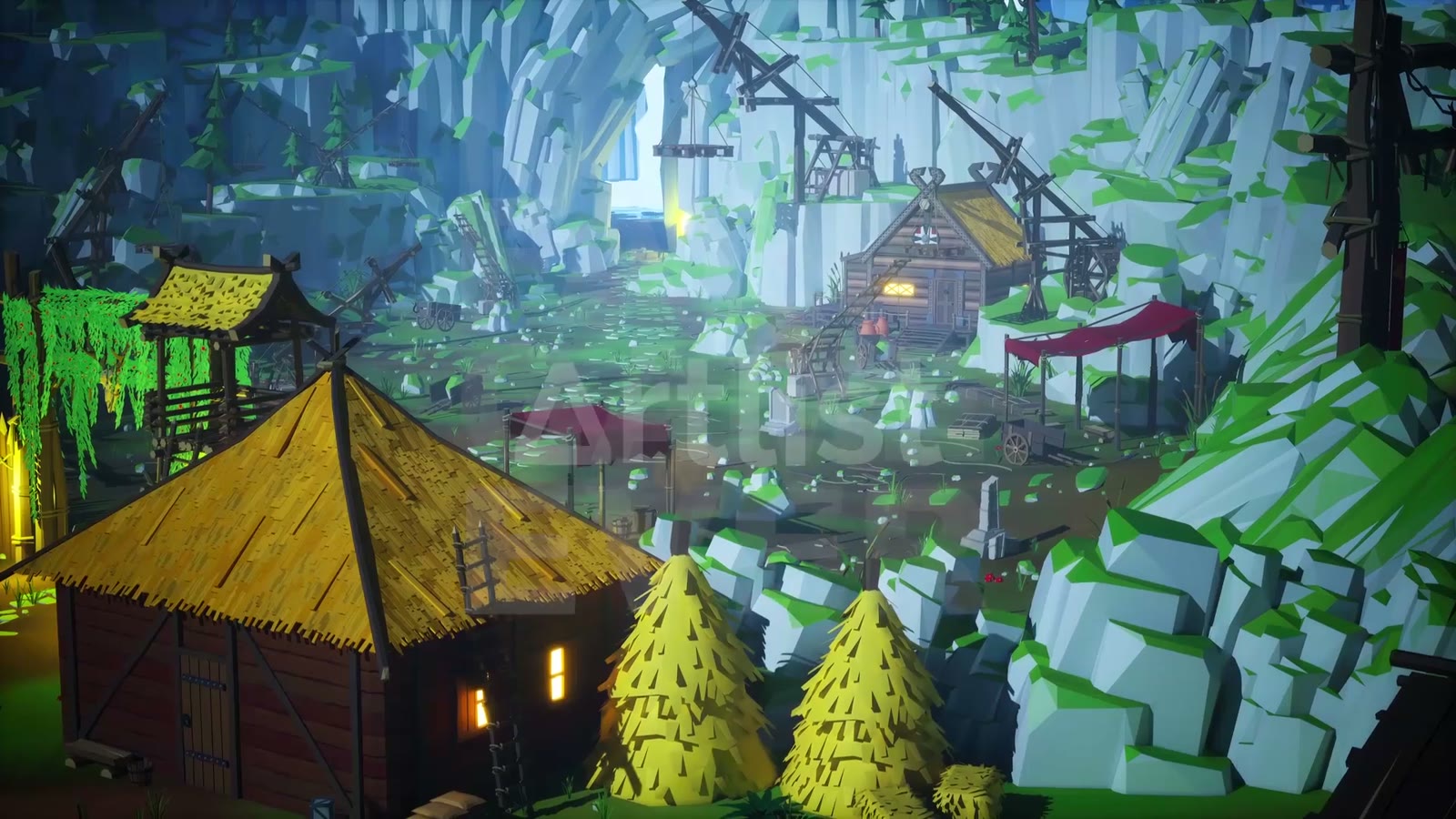 A voxel farm game scene with a straw hut and hay stacks