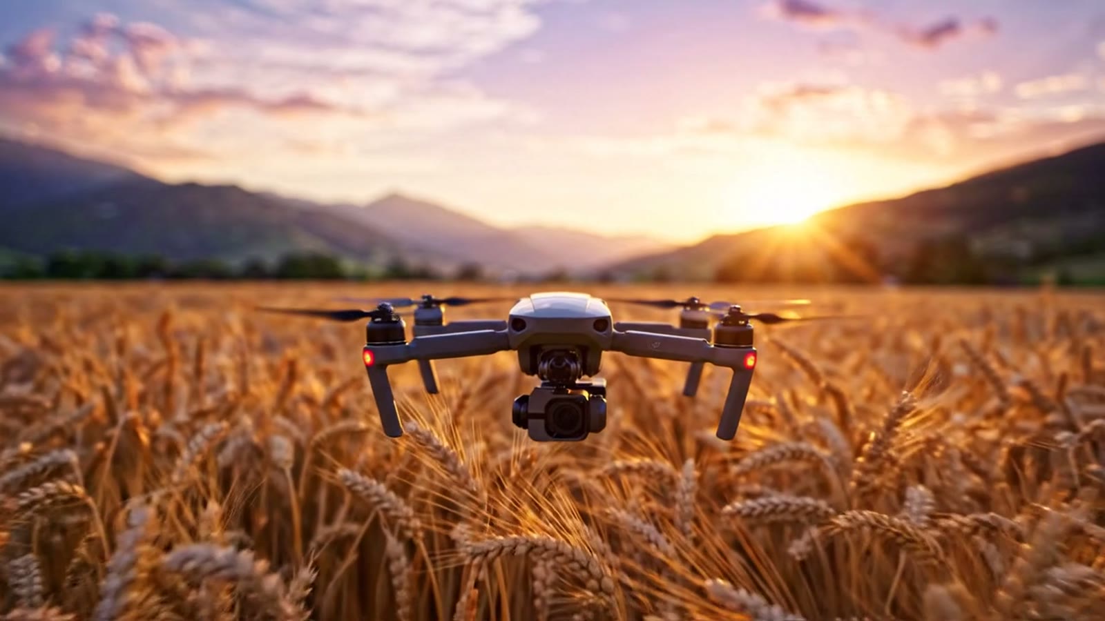 A drone flying low over a real wheat field