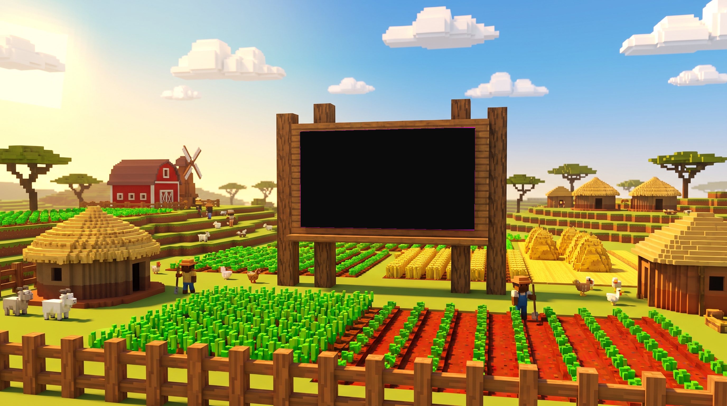 A voxel farm game world: fields, huts, a red barn, goats and farmers around a big wooden cinema screen